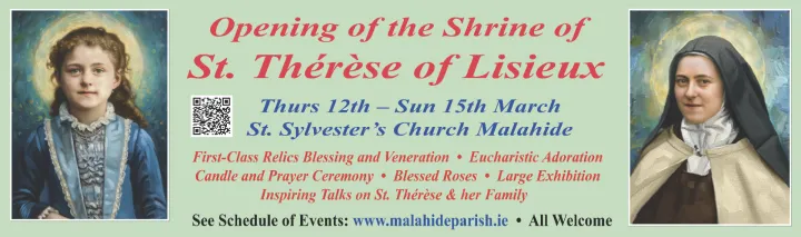 Poster advertising Opening of Shrine to St Therese of Liseux in Malahide Parich March 2026